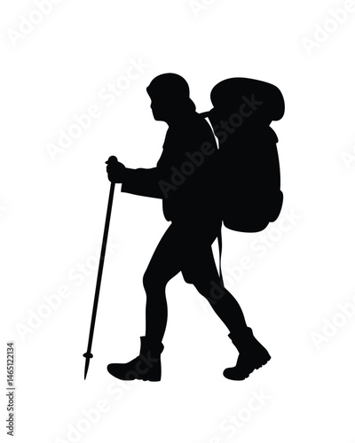 Silhouette vector illustration of a hiker with a backpack walking with trekking pole on white background