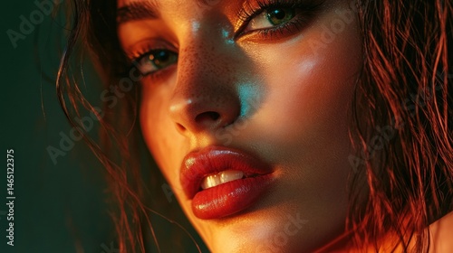 Close-Up of Female Face with Freckles, Full Red Lips, and Wet Brunette Hair illuminated by Dramatic Lighting