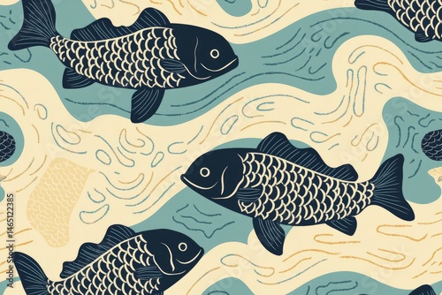 A serene underwater scene featuring stylized fish swimming gracefully through flowing water patterns