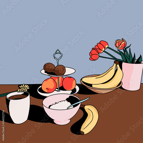 Vibrant Breakfast Scene Vector Illustration with Yogurt, Fruits, Flowers, and Coffee on a Pale Blue Background