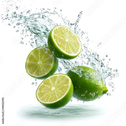 A vibrant image showing four lime halves suspended in mid-air, surrounded by a splash of green liquid