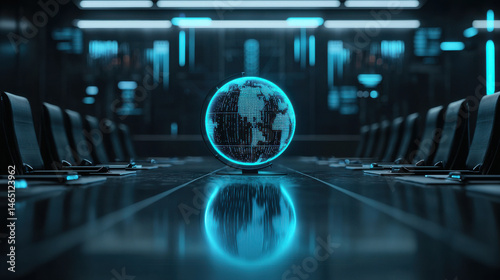 Holographic globe illuminated in blue light sits at center of modern boardroom, reflecting futuristic atmosphere. sleek design and digital elements create innovative and professional environment