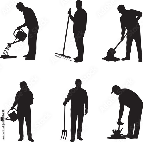 Gardening Silhouettes: Engaging silhouettes illustrating diverse gardening activities, symbolizing the nurturing act of cultivating nature and embracing the serenity of outdoor living.