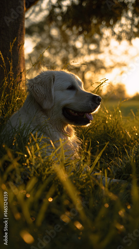 A joyful golden retriever bounder smiling in a sunset outdoor prospect