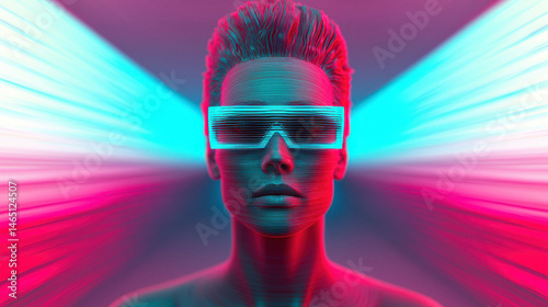 Futuristic portrait featuring person with layered shag cut, wearing stylish glasses, surrounded by vibrant neon colors and dynamic light effects, creating captivating atmosphere photo
