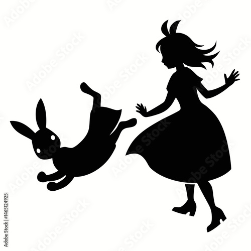 Alice girl in dress falling down fairytale black vector on white background.
