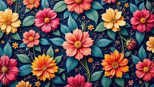 Intricate floral textile design, repeating seamlessly , digital, illustration