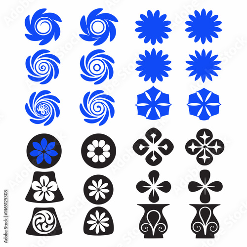 These appear to be a collection of abstract, stylized icons or symbols, primarily in blue and black. They include various shapes such as spirals, floral patterns, geometric designs, and representation