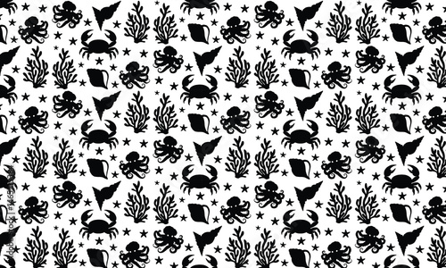Sea Abstract Underwater Plants Shapes Silhouette Pattern, Coral Reef Plants, Different Types Of Marine Flora Decorative Elements, Abstract Sea Shells, Starfish.