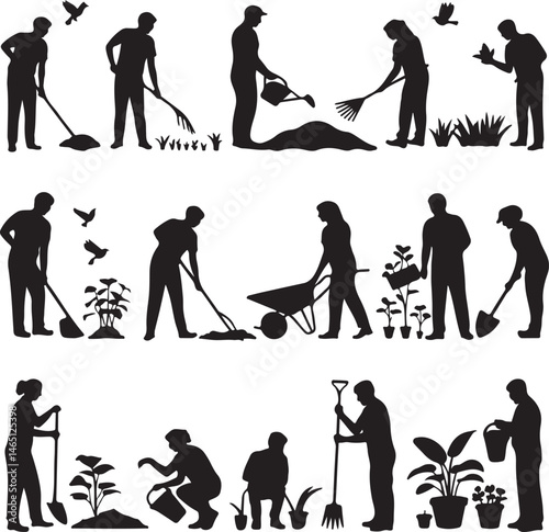 Gardening Silhouettes: Engaging silhouettes illustrating diverse gardening activities, symbolizing the nurturing act of cultivating nature and embracing the serenity of outdoor living.