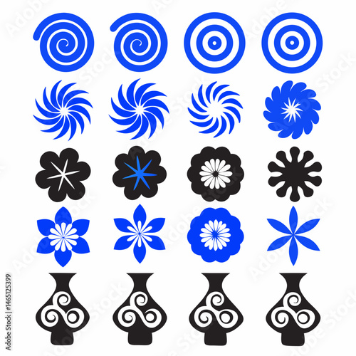 These appear to be a collection of abstract, stylized icons or symbols, primarily in blue and black. They include various shapes such as spirals, floral patterns, geometric designs, and representation