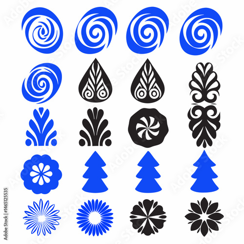 These appear to be a collection of abstract, stylized icons or symbols, primarily in blue and black. They include various shapes such as spirals, floral patterns, geometric designs, and representation