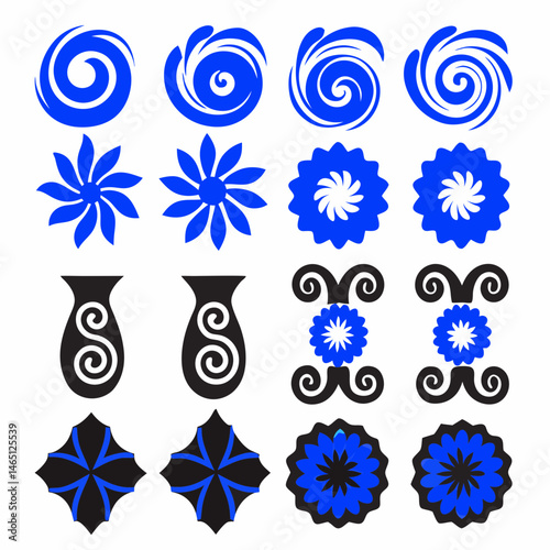 These appear to be a collection of abstract, stylized icons or symbols, primarily in blue and black. They include various shapes such as spirals, floral patterns, geometric designs, and representation