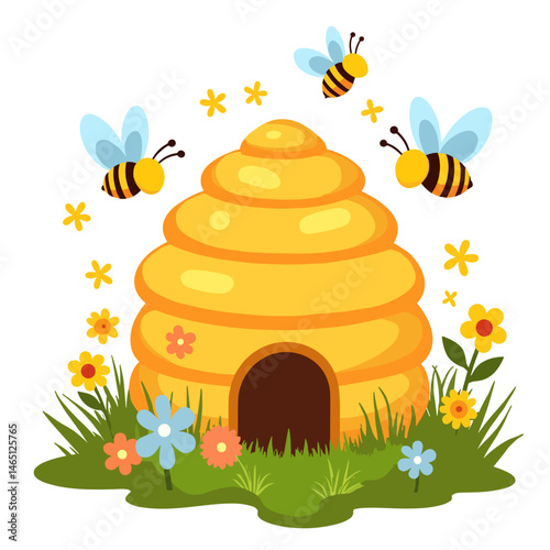 Bees fly around a beehive in a spring meadow, for children's illustration