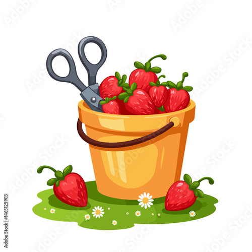 Freshly picked strawberries in a bucket with garden scissors, vector illustration with copy space
