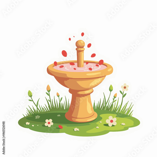 Decorative fountain with petals on green grass in vector style, with copy space