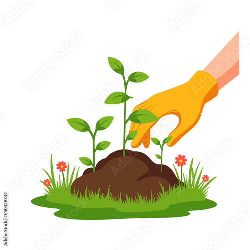 Gloved hand planting seedlings, illustration for gardening concept