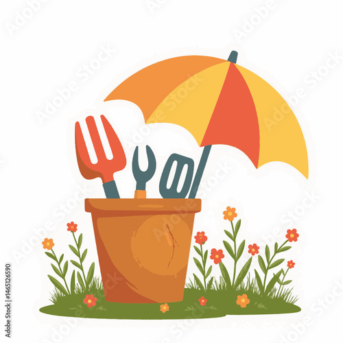 Gardening tools under umbrella in flat vector style, for garden blogs with copy space