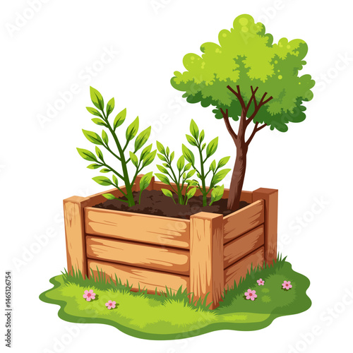 Illustration of plant cuttings in a wooden crate with a tree, for educational or gardening visuals