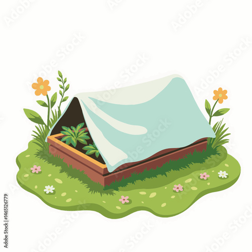 Vegetable garden in a cold frame, flat vector illustration, with copy space
