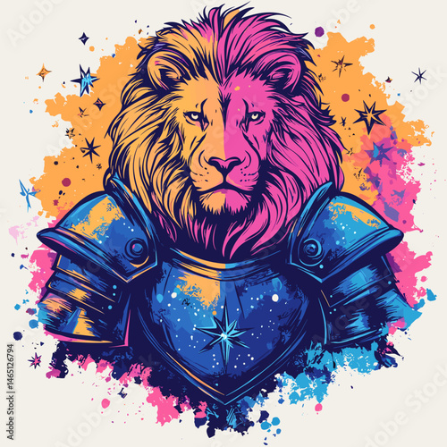 vector drawing colored lion in armor .Generative AI