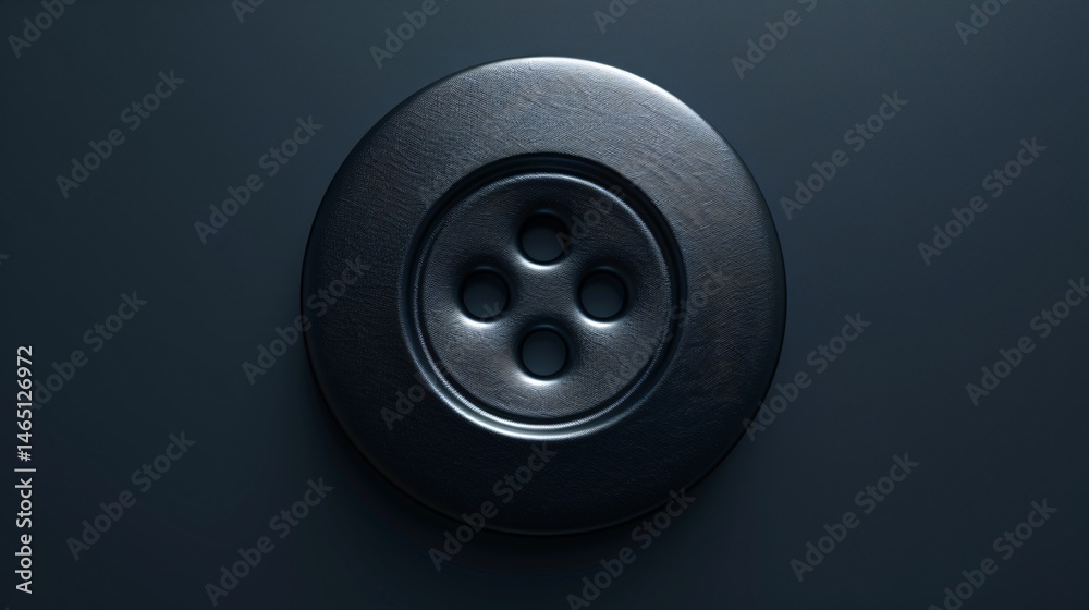 Large black button with four holes is resting on a dark blue surface Large black button with four holes is resting on a dark blue surface
