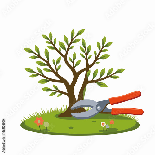 Pruning shears and small tree in vector format, for gardening education