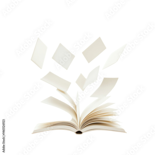 An open book with flying pages in mid-air.