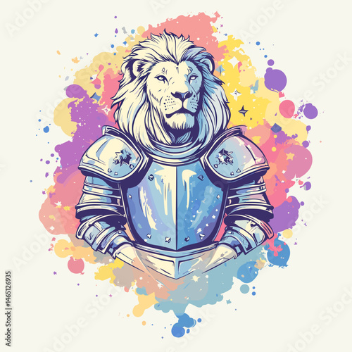 vector drawing colored lion in armor .Generative AI