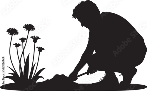 Gardening Silhouettes: Engaging silhouettes illustrating diverse gardening activities, symbolizing the nurturing act of cultivating nature and embracing the serenity of outdoor living.