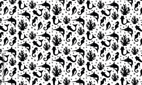 Sea Abstract Underwater Plants Shapes Silhouette Pattern, Coral Reef Plants, Different Types Of Marine Flora Decorative Elements, Abstract Sea Shells, Starfish.