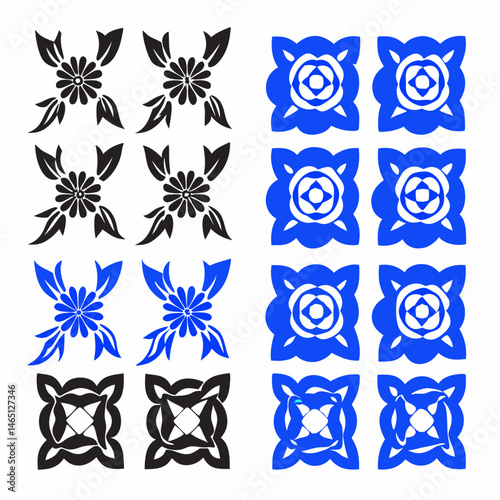 These appear to be a collection of abstract, stylized icons or symbols, primarily in blue and black. They include various shapes such as spirals, floral patterns, geometric designs, and representation