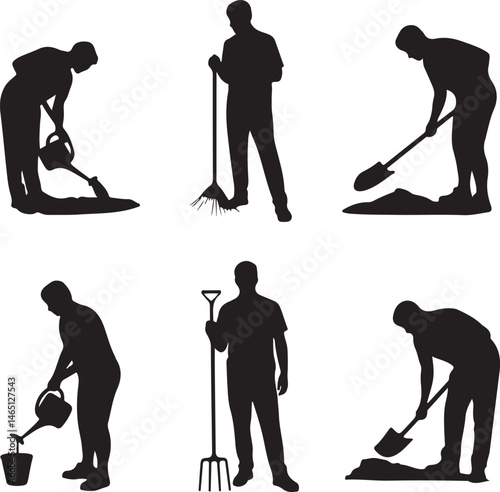 Gardening Silhouettes: Engaging silhouettes illustrating diverse gardening activities, symbolizing the nurturing act of cultivating nature and embracing the serenity of outdoor living.