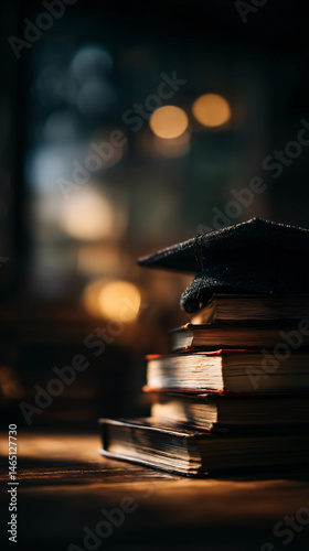 A mess of books topped with a graduation cap, constitute the culmination of learning and knowledge.