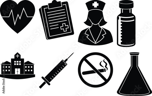 Icons representing public health and wellness concepts in a black and white minimalist style
