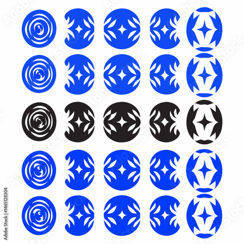 These appear to be a collection of abstract, stylized icons or symbols, primarily in blue and black. They include various shapes such as spirals, floral patterns, geometric designs, and representation