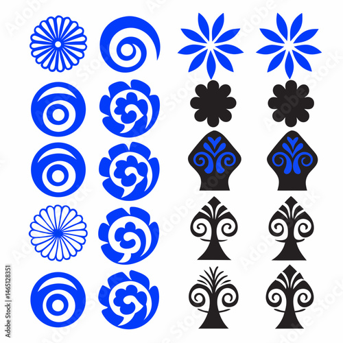 These appear to be a collection of abstract, stylized icons or symbols, primarily in blue and black. They include various shapes such as spirals, floral patterns, geometric designs, and representation
