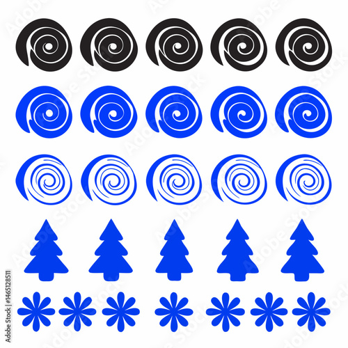 These appear to be a collection of abstract, stylized icons or symbols, primarily in blue and black. They include various shapes such as spirals, floral patterns, geometric designs, and representation