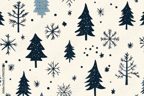 A whimsical winter-themed pattern featuring various stylized trees and snowflakes on a light background