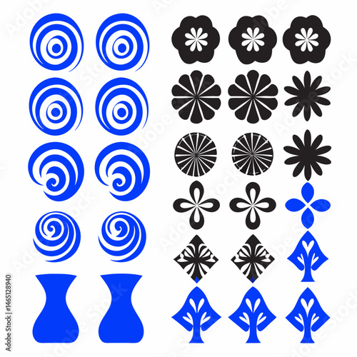 These appear to be a collection of abstract, stylized icons or symbols, primarily in blue and black. They include various shapes such as spirals, floral patterns, geometric designs, and representation