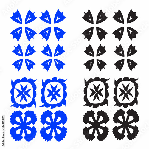 These appear to be a collection of abstract, stylized icons or symbols, primarily in blue and black. They include various shapes such as spirals, floral patterns, geometric designs, and representation