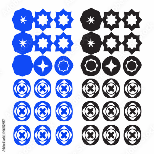 These appear to be a collection of abstract, stylized icons or symbols, primarily in blue and black. They include various shapes such as spirals, floral patterns, geometric designs, and representation