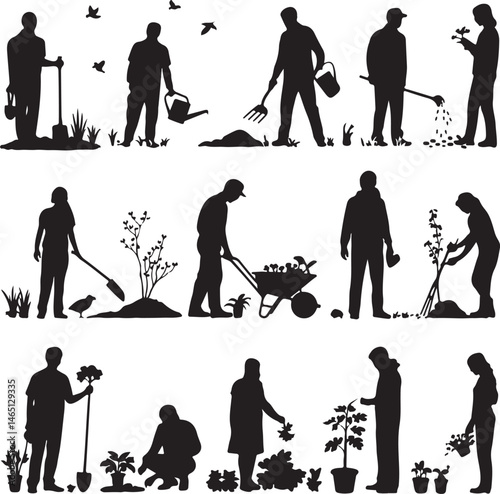 Gardening Silhouettes: Engaging silhouettes illustrating diverse gardening activities, symbolizing the nurturing act of cultivating nature and embracing the serenity of outdoor living.