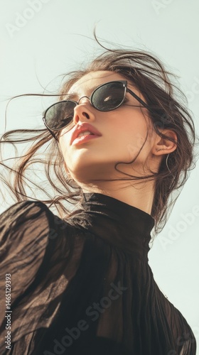 Low angle view of a youthful woman with brunette hair wearing dark sunglasses against a light sky background