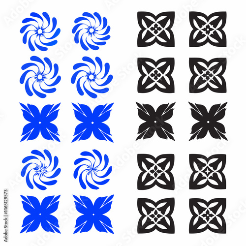 These appear to be a collection of abstract, stylized icons or symbols, primarily in blue and black. They include various shapes such as spirals, floral patterns, geometric designs, and representation