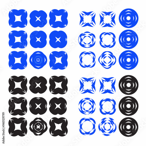 These appear to be a collection of abstract, stylized icons or symbols, primarily in blue and black. They include various shapes such as spirals, floral patterns, geometric designs, and representation