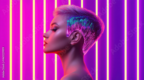Futuristic pixie cut with holographic highlights shines under vibrant neon lights, creating striking visual contrast. model profile showcases modern hairstyle that embodies creativity and style