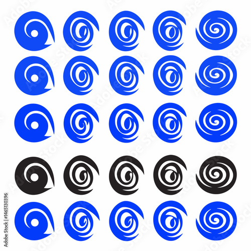 These appear to be a collection of abstract, stylized icons or symbols, primarily in blue and black. They include various shapes such as spirals, floral patterns, geometric designs, and representation