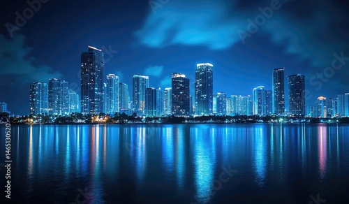 Night cityscape skyline reflected in water