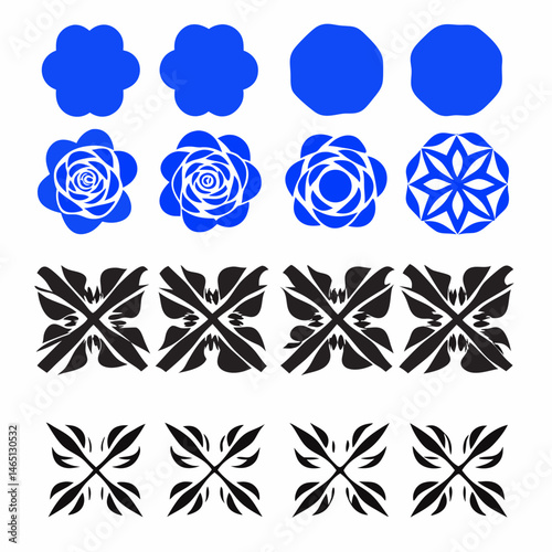 These appear to be a collection of abstract, stylized icons or symbols, primarily in blue and black. They include various shapes such as spirals, floral patterns, geometric designs, and representation
